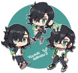  1boy adjusting_sleeves aqua_eyes armband asymmetrical_bangs asymmetrical_hair belt black_footwear black_hair black_pants chibi chibi_only copyright_name crossed_bangs drop_shadow hands_in_pockets jacket kirigakure_ranto long_sleeves male_focus medium_hair multiple_views no_nose no_sclera open_clothes open_jacket outline outside_border pants red_armband round_image shirt shoes single_off_shoulder totofuya white_outline white_shirt wing_collar youkai_watch 