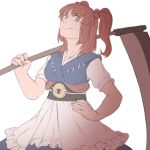  1girl dress hand_on_hip lowres mefomefo obi onozuka_komachi over_shoulder puffy_short_sleeves puffy_sleeves red_eyes redhead sash scythe short_hair short_sleeves touhou twintails weapon weapon_over_shoulder 