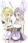  15kasikaze15 2girls apron ayase_eli blonde_hair blue_eyes bow breast_awe choker green_eyes hand_on_own_chin hand_on_own_elbow highres love_live!_school_idol_project maid maid_apron maid_headdress multiple_girls purple_hair speech_bubble stare_down toujou_nozomi 