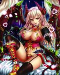  1girl :d absurdres black_legwear boots breasts character_request cleavage demon_tail demon_wings garter_straps heart highres horns houtengeki large_breasts open_mouth pink_eyes pink_hair shinma_x_keishou!_ragnabreak sitting smile tail thigh-highs wings 