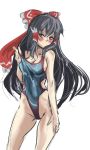  1girl bakabakasii black_hair blush breasts cleavage collarbone competition_swimsuit hair_tubes hakurei_reimu highres large_breasts long_hair one-piece_swimsuit red_eyes sketch solo strap_pull swimsuit swimsuit_pull touhou very_long_hair 