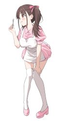  1girl :q absurdres apron blush breasts brown_eyes brown_hair closed_mouth collared_dress dress full_body hair_ribbon hand_on_own_leg high_heels highres holding holding_spoon idolmaster idolmaster_shiny_colors large_breasts long_hair pigeon-toed pink_dress pink_footwear pink_ribbon ribbed_dress ribbon short_sleeves simple_background sincos smile solo sonoda_chiyoko spoon standing thigh-highs thighs tongue tongue_out twintails white_apron white_background white_thighhighs 