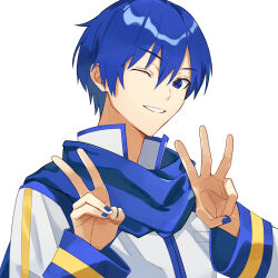  1boy arms_up blue_eyes blue_hair blue_nails blue_scarf blue_trim coat collared_coat commentary eme_de_ank hair_between_eyes hands_up high_collar highres kaito_(vocaloid) male_focus multicolored_clothes nail_polish one-eyed one_eye_closed scarf short_hair simple_background sleeve_cuffs smile solo striped_clothes teeth upper_body v vocaloid white_background white_coat 