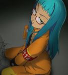  1girl blue_hair breasts character_request cleavage copyright_request glasses green_eyes haruyama_kazunori long_hair looking_at_viewer red-framed_glasses semi-rimless_glasses solo under-rim_glasses 