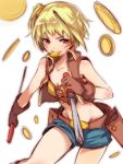  1girl bare_shoulders belt blonde_hair coin gloves mataichi_matarou midriff ole_tower phillips_screwdriver_(ole_tower) red_eyes screwdriver short_hair side_ponytail solo 