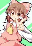  1girl ascot bare_shoulders blush bow brown_eyes brown_hair collared_shirt detached_sleeves finger_gun hair_bow hair_tubes hakurei_reimu looking_at_viewer nitizyo pointing pointing_at_viewer skirt skirt_set smile solo touhou vest 