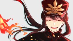  1boy :d black_cloak black_hair black_hat blurry blush chromatic_aberration cloak closed_eyes crest depth_of_field embers family_crest fate/grand_order fate_(series) floating_hair grey_background hair_between_eyes happy hat high_collar highres japanese_clothes laughing long_hair male_focus nagagutsu_(nagagutsu1230) oda_nobukatsu_(fate) oda_uri peaked_cap ponytail portrait sidelocks simple_background smile solo teeth upper_teeth_only very_long_hair 