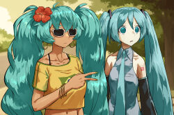  2girls aqua_eyes aqua_hair aqua_necktie black_sleeves bracelet brazilian_flag brazilian_miku collared_shirt commentary crop_top earrings english_commentary expressionless flower grey_shirt hair_between_eyes hair_flower hair_ornament haraya_manawari hatsune_miku highres jewelry long_hair long_sleeves meme multiple_girls necktie nileseyy_niles_disappears_(meme) number_tattoo o-ring outdoors pale_skin parted_lips red_flower shirt shoulder_tattoo sleeveless sleeveless_shirt sunglasses tan tanlines tattoo tree twintails upper_body v vocaloid yellow_shirt 