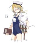  1girl blonde_hair blue_eyes book bookmark glasses hat i-8_(kantai_collection) kantai_collection kawashina_(momen_silicon) low_twintails mouth_hold name_tag peaked_cap school_swimsuit solo swimsuit twintails white_legwear 