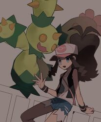  1girl 950magi618 :d antenna_hair baseball_cap black_vest blue_eyes blue_shorts brown_hair collarbone cutoffs grey_background hat highres hilda_(pokemon) long_hair lower_teeth_only maractus open_clothes open_mouth open_vest pink_bag pokemon pokemon_(creature) pokemon_bw ponytail shirt shorts smile teeth vest white_shirt wristband 