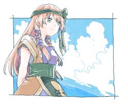  1girl arms_behind_back border breasts brown_tunic chrono_cross closed_mouth clouds cloudy_sky dress green_eyes green_hairband hair_ribbon hairband leena_(chrono_cross) light_smile long_hair medium_breasts michibata_65 ocean orange_hair purple_dress purple_ribbon ribbon short_sleeves sidelocks sky solo swept_bangs tunic upper_body white_border 