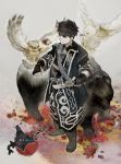  1boy 1girl ainu_clothes autumn_leaves bear bird headband isi88 male original owl sword weapon 