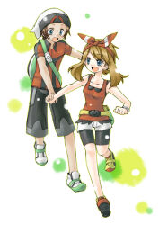  1boy 1girl :d backpack bag beanie bike_shorts bow_hairband brendan_(pokemon) brown_hair commentary_request eiki_(yumekapu) green_bag hairband hat holding_hands may_(pokemon) medium_hair open_mouth pokemon pokemon_oras red_hairband red_shirt shirt shoes short_hair shorts sleeveless sleeveless_shirt smile white_background white_footwear white_hat white_shorts yellow_footwear 