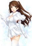  1000000000 1girl :d bow brown_eyes brown_hair capelet character_request choker dress elbow_gloves gloves holding long_hair looking_at_viewer microphone ogiso_setsuna open_mouth smile solo thigh-highs white_album_2 white_legwear 