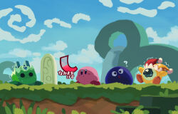  :o ? black_eyes blue_eyes blue_sky blush_stickers clouds colored_skin commentary_request confused cross-eyed day expressionless gameplay_mechanics gooey_(kirby) grass hat highres jester_cap kirby kirby:_star_allies kirby_(series) nervous_sweating no_humans no_mouth one-eyed open_mouth orange_footwear orange_hat outdoors pink_skin plugg_(kirby) pom_pom_hat_ornament red_footwear red_hat scared shoes sky slime_(creature) solid_circle_eyes spiral standing star_(symbol) star_print suyasuyabi sweat translation_request trembling two-tone_headwear waddle_doo yellow_skin 