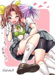  2girls ahoge bike_shorts blush bra breasts brown_hair cleavage gloves green_bra hair_ornament hair_ribbon heart kagerou_(kantai_collection) kantai_collection kase_daiki multiple_girls one_eye_closed open_mouth pink_hair plaid plaid_bra ribbon school_uniform shiranui_(kantai_collection) short_hair simple_background skirt socks torn_clothes twintails underwear violet_eyes white_background white_gloves white_legwear yuri 