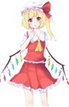  1girl :o blonde_hair fang flandre_scarlet frilled_skirt frills hat hat_ribbon highres ma-a mob_cap red_eyes ribbon short_sleeves side_ponytail skirt touhou vest wings 