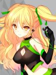  1girl black_gloves blonde_hair blush cleavage_cutout commentary earphones earphones elbow_gloves gloves halter_top halterneck lowres promotional_art racequeen razer shirogane_yui smile solo tsukigami_runa two_side_up yellow_eyes 