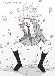  1girl collared_shirt debris floating full_body genderswap genderswap_(mtf) greyscale hair_between_eyes hanazawa_teruki jacket loafers mari-mason mob_psycho_100 monochrome necktie open_mouth pleated_skirt shirt shoes skirt socks solo translation_request 