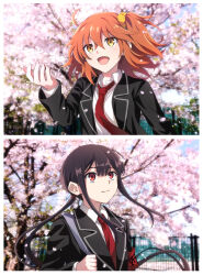  1boy 1girl :d absurdres ahoge armband black_hair black_jacket blunt_bangs blush cherry_blossoms cherry_tree closed_mouth collared_shirt falling_petals fate/grand_order fate_(series) floating_hair fujimaru_ritsuka_(female) hand_up highres holding_strap jacket long_hair long_sleeves looking_up low_ponytail medium_hair necktie oda_nobukatsu_(fate) one_side_up open_mouth orange_hair parted_bangs petals photo_background pink_petals ponytail red_armband red_eyes red_necktie school_uniform scrunchie shirt smile spring_(season) t_kattu upper_body very_long_hair white_shirt wing_collar yellow_eyes yellow_scrunchie 