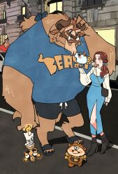  2girls 5boys alternate_form bag beast_(disney) beauty_and_the_beast belle_(disney) blue_dress blue_eyes blue_shirt boots brown_hair brown_horns candle chip_potts cogsworth commentary_request crossed_arms cup dress full_body gaston hand_on_own_head handbag high_heel_boots high_heels highres horns long_sleeves looking_at_another looking_at_viewer lumiere_(disney) mrs._potts multiple_boys multiple_girls on_shoulder outdoors ponytail sandals shirt shorts smirk sweatdrop takeuchi_ryousuke teapot tusks 