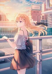  1girl absurdres ayase_saki bag bare_shoulders blonde_hair bracelet cityscape commentary_request cowboy_shot earrings floating_hair from_side gimai_seikatsu hair_ornament hairclip hand_on_railing highres hiten_(hitenkei) jewelry long_hair looking_to_the_side off-shoulder_shirt off_shoulder official_art parted_lips pleated_skirt shirt shirt_tucked_in skirt solo straight_hair violet_eyes white_shirt 