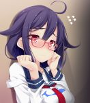  1girl ahoge bespectacled blush breasts glasses kantai_collection long_hair low_twintails ogami_kazuki purple_hair red_eyes school_uniform serafuku solo taigei_(kantai_collection) tears twintails 