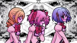  3girls abstract_background blonde_hair blue_eyes blue_hair blush bow closed_eyes drill_hair hair_bow hair_ornament hairclip highres kaname_madoka keropiki looking_back mahou_shoujo_madoka_magica mahou_shoujo_madoka_magica_(anime) miki_sayaka mitakihara_school_uniform multiple_girls musical_note musical_note_hair_ornament pink_hair red_bow school_uniform short_hair short_twintails smile tomoe_mami twin_drills twintails 