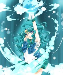  1girl aqua aqua_background aqua_hair arms_up bishoujo_senshi_sailor_moon blue_eyes bow brooch gloves green_skirt hydrokinesis jewelry kaiou_michiru long_hair magical_girl pleated_skirt ribbon sailor_collar sailor_neptune shirataki_kaiseki skirt smile solo tiara water white_gloves 