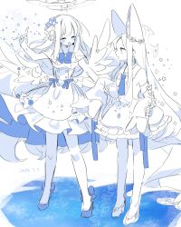  2024 2girls angel_wings animal_ears bare_shoulders blue_archive blue_theme blush capelet closed_eyes crescent crescent_pin dated detached_sleeves dress extra_ears feathered_wings flower fox_ears hair_bun hair_flower hair_ornament halo high_heels long_hair mika_(blue_archive) multiple_girls open_mouth seia_(blue_archive) simple_background single_side_bun sleeves_past_fingers sleeves_past_wrists smile white_background wings yun_(dust-i1) 