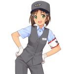 1girl armband brown_hair gloves green_eyes hair_ornament hands_on_hips hat highres inou_shin name_tag official_art open_mouth pants safety_pin shibaguchi_konomi short_hair short_sleeves simple_background smile solo tetsudou_musume translated uniform vest white_background white_gloves yokohama_seaside_line 