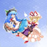  2girls ^_^ blonde_hair blue_hair blush boots bow closed_eyes dress frills hair_ribbon hammer_(sunset_beach) hat hinanawi_tenshi keystone kicking multiple_girls open_mouth payot red_eyes ribbon skirt smile touhou white_dress yakumo_yukari 