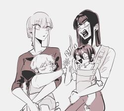  aged_down baby baby_carrier baby_carry black_hair carrying chainsaw_man child child_carry cross_scar denji_(chainsaw_man) family gaganbo_(shuuu85372871) holding_baby long_hair makima_(chainsaw_man) mother_and_child mother_and_daughter mother_and_son multiple_girls reze_(chainsaw_man) ringed_eyes scar scar_on_cheek scar_on_face scar_on_nose shirt simple_background white_shirt yoru_(chainsaw_man) 