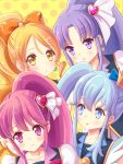  4girls aino_megumi blonde_hair blue_eyes blue_hair bow crown cure_fortune cure_honey cure_lovely cure_princess earrings endorin hair_bow hair_ornament happinesscharge_precure! heart_hair_ornament hikawa_iona jewelry long_hair magical_girl mini_crown multiple_girls oomori_yuuko pink_eyes pink_hair polka_dot polka_dot_background ponytail precure purple_hair shirayuki_hime violet_eyes yellow_background yellow_eyes 