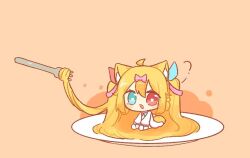  1girl ? ahoge animal_ears aqua_eyes blonde_hair chibi chibi_only fork hair_as_food hair_between_eyes hair_ornament heterochromia hyouenn long_hair looking_at_viewer on_plate open_mouth original red_eyes sitting solo very_long_hair 