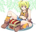  1girl artist_request belt blonde_hair boots gloves mallet_(ole_tower) ole_tower one_side_up short_hair shorts sitting sleeveless_coat solo tongue tongue_out treasure_chest violet_eyes 