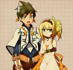 1boy 1girl :d annoyed aqua_eyes blonde_hair brown_hair capelet choker crossed_arms earrings edna_(tales) feathers green_eyes hair_ribbon hairband height_difference jewelry nmbit open_mouth pants pink_background polka_dot polka_dot_background ribbon short_hair side_ponytail single_glove skirt smile sorey_(tales) spiky_hair sweatdrop tales_of_(series) tales_of_zestiria tress_ribbon white_skirt 