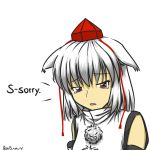  1girl animal_ears bare_shoulders bwsnowy english hat inubashiri_momiji looking_at_viewer pom_pom_(clothes) red_eyes short_hair signature silver_hair simple_background solo tears tokin_hat touhou white_background wolf_ears 