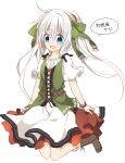  1girl blue_eyes boots cross-laced_footwear lace-up_boots long_hair looking_at_viewer nana_kusun original ponytail solo traditional_clothes white_background white_hair 