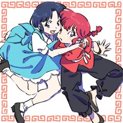  2girls :d ;( black_footwear black_hair black_pants blue_dress blue_eyes closed_mouth dress frown fuurinkan_high_school_uniform highres kariya_(kry_aia) mary_janes multiple_girls open_mouth pants petticoat puffy_short_sleeves puffy_sleeves ranma-chan ranma_1/2 red_shirt redhead school_uniform shirt shoes short_hair short_sleeves smile socks tendou_akane violet_eyes white_socks 