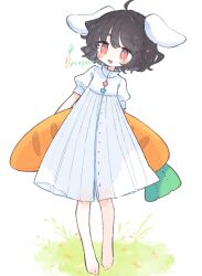  1girl animal_ears black_hair carrot-shaped_pillow collared_dress dress full_body highres inaba_tewi m_(m073111) open_mouth rabbit_ears red_eyes short_hair short_sleeves solo standing touhou twitter_username white_background white_dress 