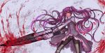  1girl akame_ga_kill! black_legwear blood dated edenfox flat_chest gun highres huge_weapon long_hair mine_(akame_ga_kill!) panties panties_over_pantyhose pantyhose purple_hair signature smile solo standing thighband_pantyhose underwear very_long_hair violet_eyes weapon white_panties 