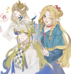  4girls :d ;d absurdres arknights bare_shoulders blonde_hair blue_dress braid brown_hair brushing_another&#039;s_hair brushing_hair capelet chinese_commentary choker comb commentary_request dress dungeon_meshi earrings elf eyeliner goldenglow_(arknights) green_capelet green_eyes grey_hair grin hair_between_eyes highres holding holding_comb jacket jewelry long_sleeves looking_ahead looking_at_viewer makeup marcille_donato muelsyse_(arknights) multicolored_hair multiple_girls necklace notice_lines off_shoulder one_eye_closed orange_eyeliner pink_hair pointy_ears profile purple_hair red_choker shu_(arknights) simple_background sketch smile strapless tongxi65938_(mo_zuoren) tube_top twin_braids white_background white_jacket white_tube_top 