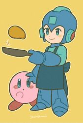  1boy apron blue_apron blue_eyes blue_gloves blue_helmet blush_stickers closed_mouth food frying_pan full_body gloves helmet holding holding_frying_pan kirby kirby_(series) male_focus mega_man_(character) mega_man_(classic) mega_man_(series) pancake signature smile solo standing super_smash_bros. yasaikakiage yellow_background 