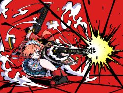  1girl ahoge blue_archive braid chain dr_yamero dual_wielding dynamic_pose eyes_visible_through_hair firing gangsta_hold gun highres holding holding_gun holding_weapon huge_ahoge jacket magazine_(weapon) maid_headdress mole mole_under_eye muzzle_flash neru_(blue_archive) orange_hair print_jacket red_background red_eyes sharp_teeth sig_mpx single_braid smoke squatting submachine_gun sukajan tag teeth uneven_eyes weapon 