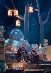  2boys ^^^ antenna_hair apple artist_name asymmetrical_sleeves bake-danuki_(genshin_impact) bandaged_arm bandages bead_bracelet beads belt black_belt black_footwear black_gloves black_kimono black_scarf black_shorts blonde_hair blue_scarf blush boots bracelet candle cat chest_belt cleavage_cutout clothing_cutout coat commentary crossed_bangs english_commentary fingerless_gloves fire food forest fruit genshin_impact gloves grey_pants hair_between_eyes hakama hakama_shorts haori high_ponytail highres holding holding_food holding_fruit ioroi_(genshin_impact) japanese_clothes jewelry kaedehara_kazuha kazuha's_friend_(genshin_impact) kimono kuro_lee lantern lavender_melon_(genshin_impact) leaf leaf_on_head leaf_print long_hair long_sleeves low_ponytail male_focus maple_leaf_print mismatched_sleeves moonlight moss multicolored_hair multiple_boys nature night open_clothes open_coat open_mouth outdoors pants pantyhose paper_lantern pom_pom_(clothes) ponytail puffing_up red_coat red_eyes red_pantyhose red_scarf redhead sandals scared scarf short_sleeves shorts sidelocks sitting sitting_on_stairs smile stairs statue stone_stairs streaked_hair sunsettia_(genshin_impact) surprised sweatdrop tanuki tassel teeth tree twitter_username violet_eyes vision_(genshin_impact) white_cat white_hair white_kimono wide_sleeves 