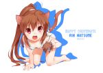 1boy 1girl all_fours animal_ears brown_hair casual cat_ears downblouse fang little_busters!! long_hair miniboy misaki_juri natsume_kyousuke natsume_rin ponytail red_eyes tail 