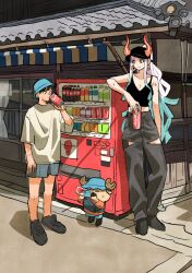  1girl 2boys antlers aqua_hair black_hair black_hat black_shirt blue_hat commentary_request earrings hat high-waist_pants highres holding horns jewelry monkey_d._luffy multicolored_hair multiple_boys one_piece pants red_horns reindeer_antlers shirt shorts sidelocks smile soda_bottle t-shirt takeuchi_ryousuke tony_tony_chopper two-tone_hair white_hair yamato_(one_piece) 