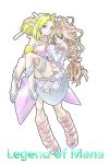  2girls bare_shoulders blonde_hair blush boots brown_hair carrying detached_sleeves green_eyes hair_tubes halterneck highres imu knee_boots lady_pearl legend_of_mana long_hair multiple_girls muted_color nakkosssyufu princess_carry ribbon sandals seiken_densetsu very_long_hair 
