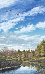  bare_tree bird blue_sky clouds commentary_request day forest goose highres kosian nature no_humans original outdoors reflection reflective_water river rock scenery sky town tree 